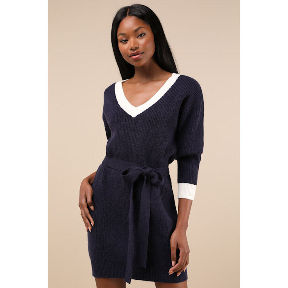 Lulus Cuddly Forecast Navy Long Sleeve Belted Sweater Mini Dress Blue - Size M